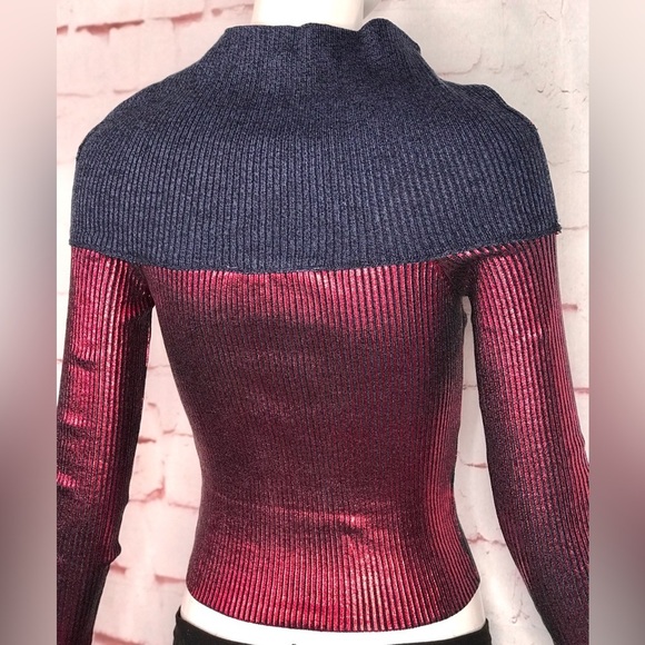 ZARA XS Off the Shoulder Metallic Red & Grey Foil Knit Stretch Top NEW WITH TAG - Picture 11 of 15